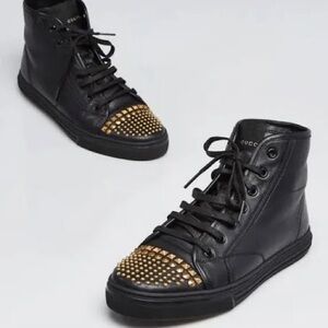 Gucci Black Leather Sneakers with Gold Accents